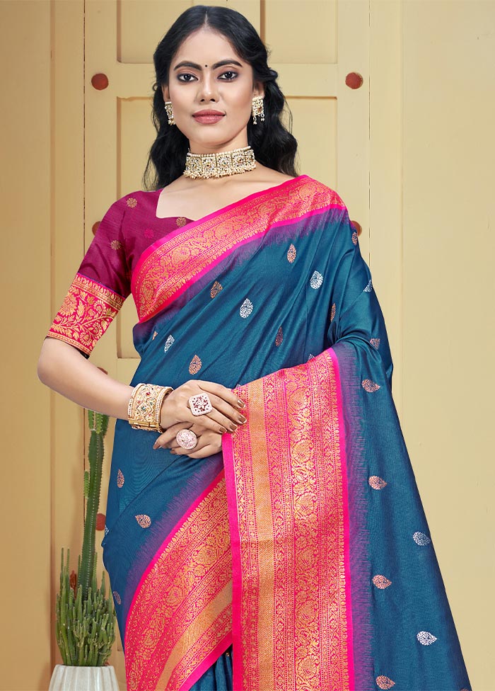 Blue Dupion Silk Saree With Blouse Piece Clearance Genuine