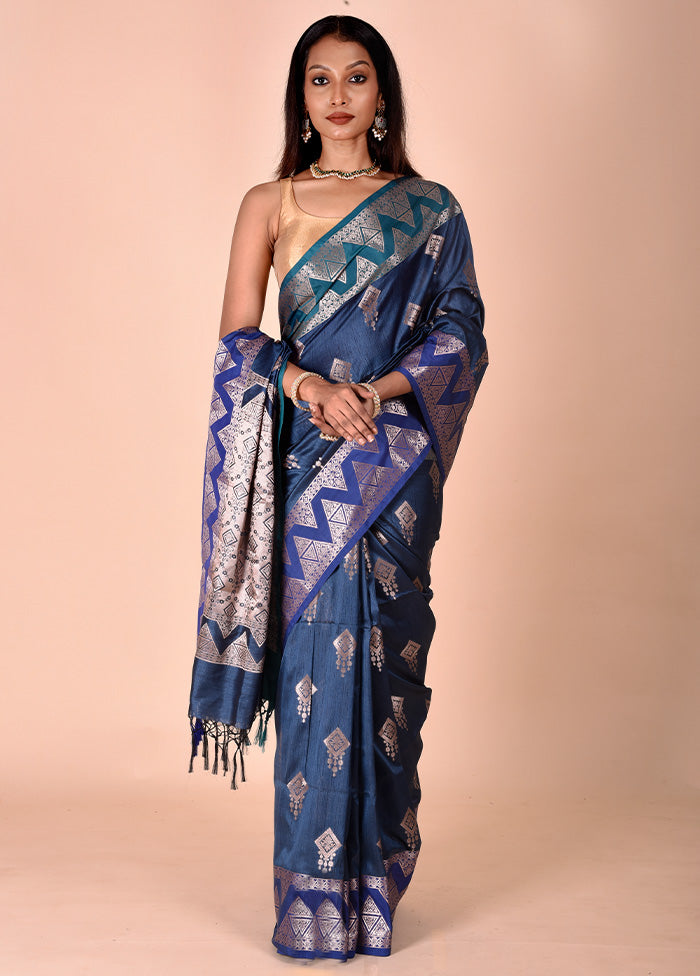 Blue Cotton Saree With Blouse Piece With Credit Card Cheap Online