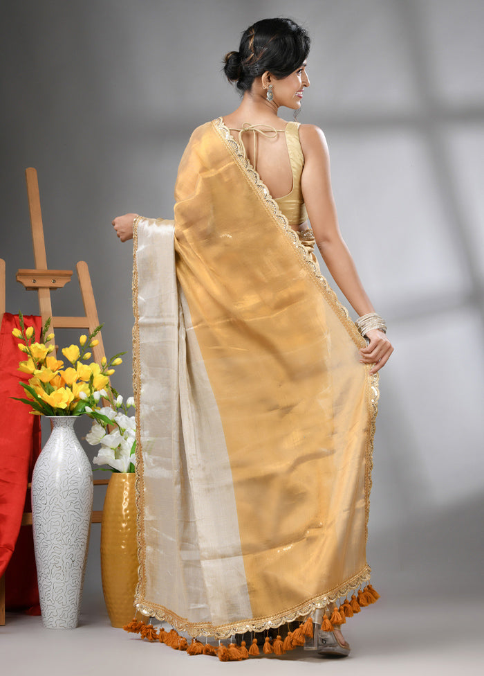 Golden Spun Silk Saree With Blouse Piece Low Cost Sale Online