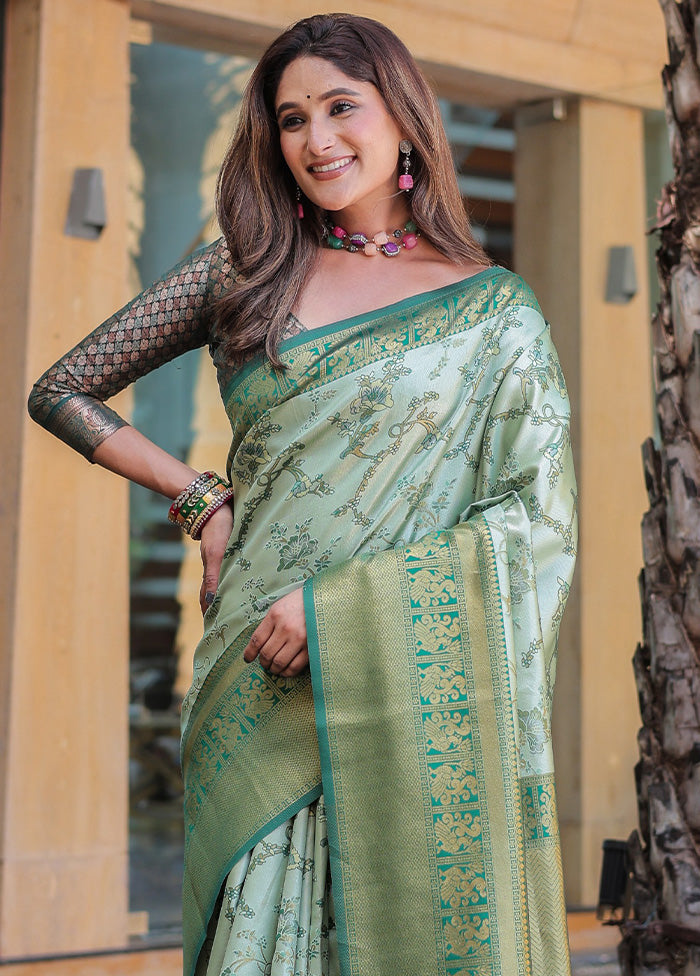 Pista Green Spun Silk Saree With Blouse Piece Cheap Finishline