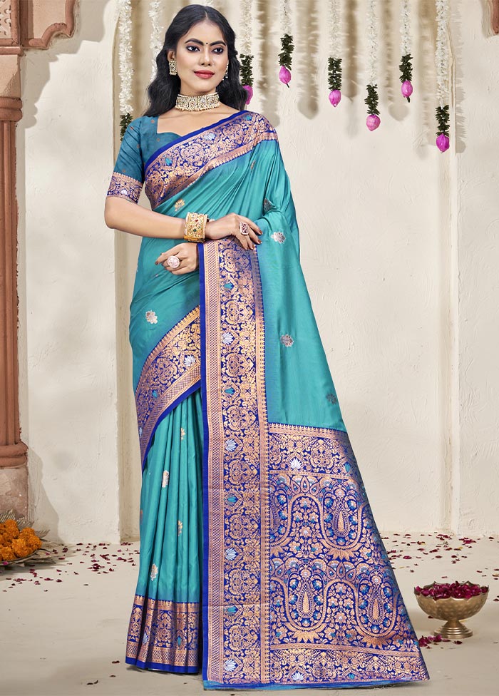 Sky Blue Dupion Silk Saree With Blouse Piece Clearance Pices