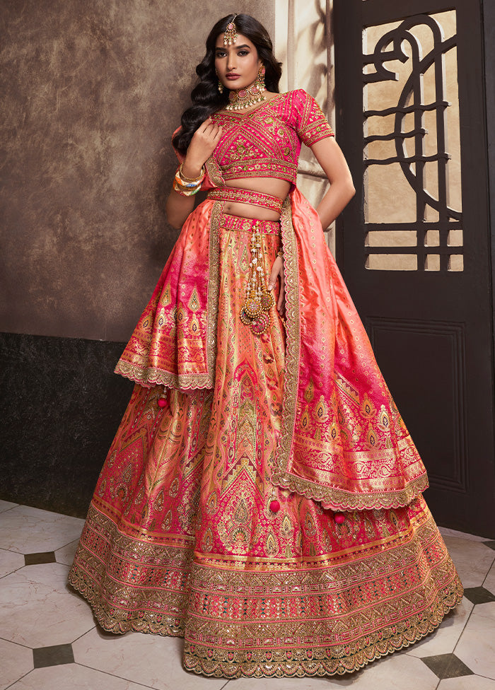 3 Pc Peach Silk Semi Stitched Lehenga Set Pick A Best Sale Online