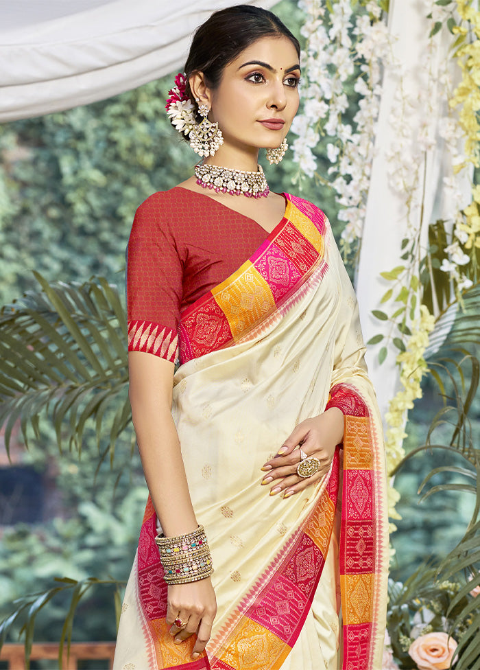 Cream Dupion Silk Saree With Blouse Piece Original Online