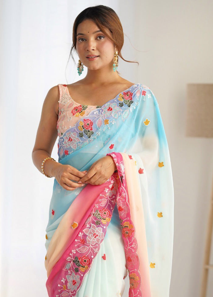 Sky Blue Georgette Saree With Blouse Piece Buy Cheap Comfortable