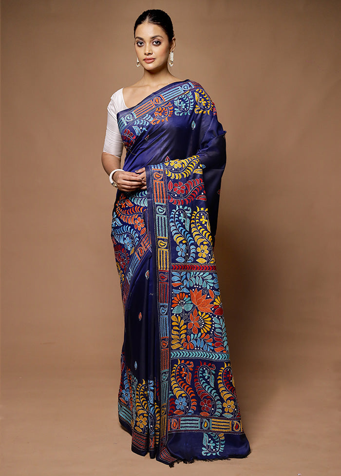 Blue Kantha Stitch Silk Saree With Blouse Piece 2025 New