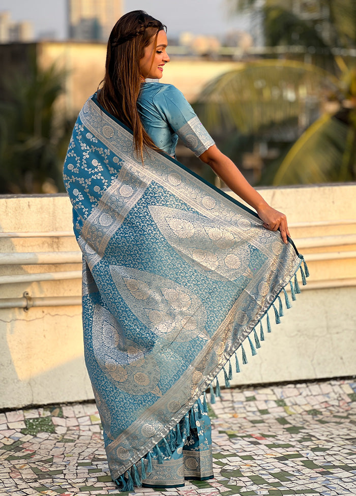 Blue Banarasi Silk Saree With Blouse Piece Sale Pre Order