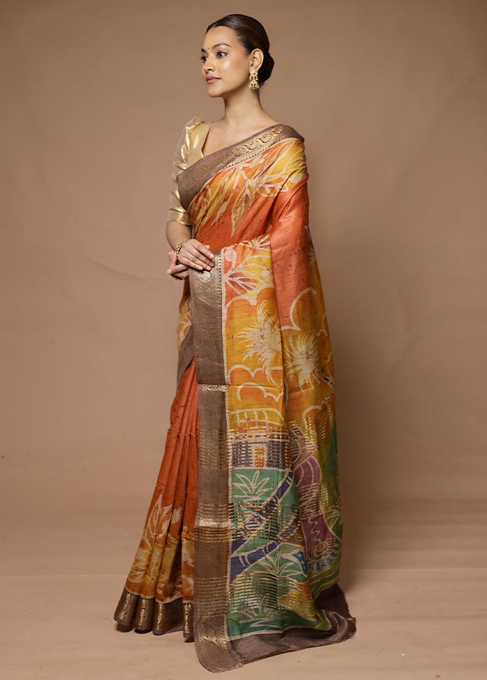 Orange Tussar Silk Saree With Blouse Piece Shop For Cheap Pice