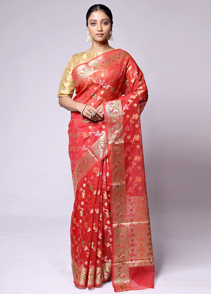 Red Kora Silk Saree With Blouse Piece Cheap Sale Store