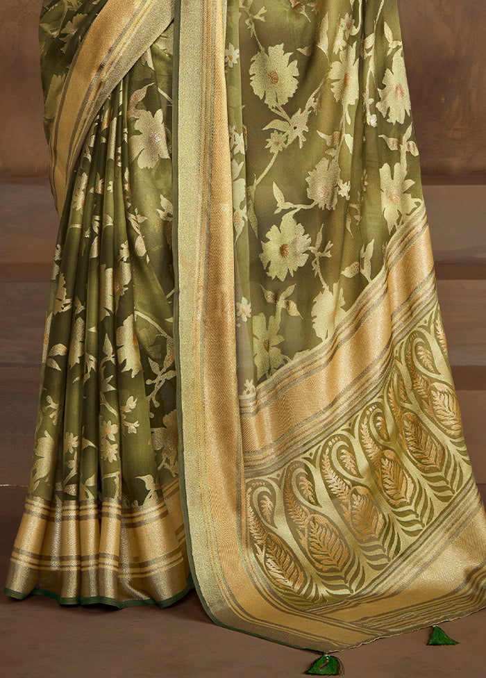 Green Spun Silk Saree With Blouse Piece Pre Order