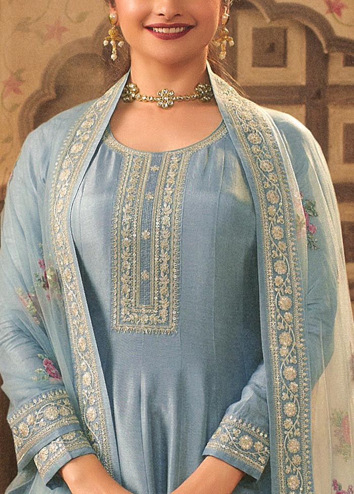 3 Pc Sky Blue Semi Stitched Silk Suit Set Cheap Sale 2025