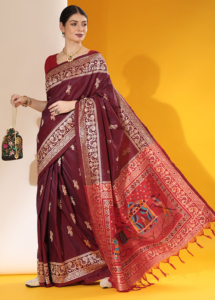 Wine Spun Silk Saree With Blouse Piece Cheap Best Seller