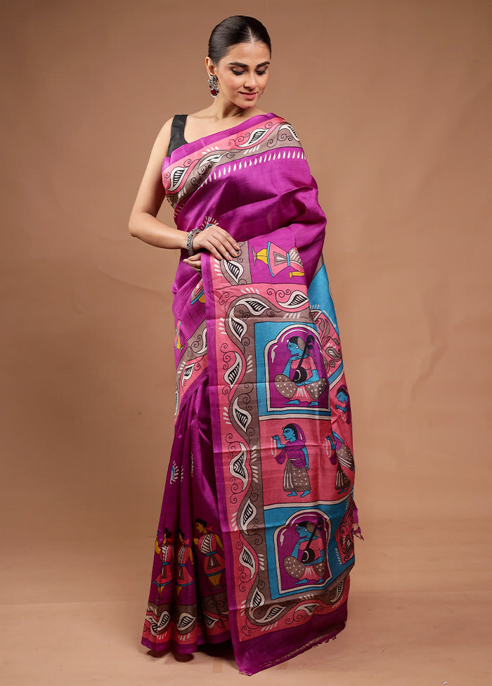 Purple Printed Pure Silk Saree Without Blouse Piece Real Online