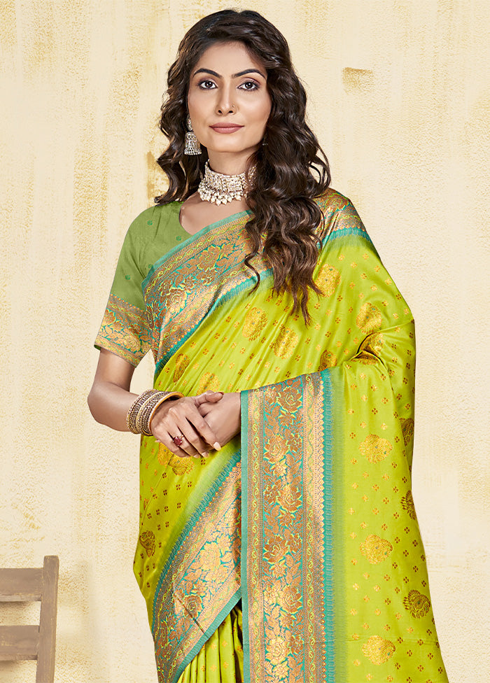 Parrot Green Dupion Silk Saree With Blouse Piece Discount Newest