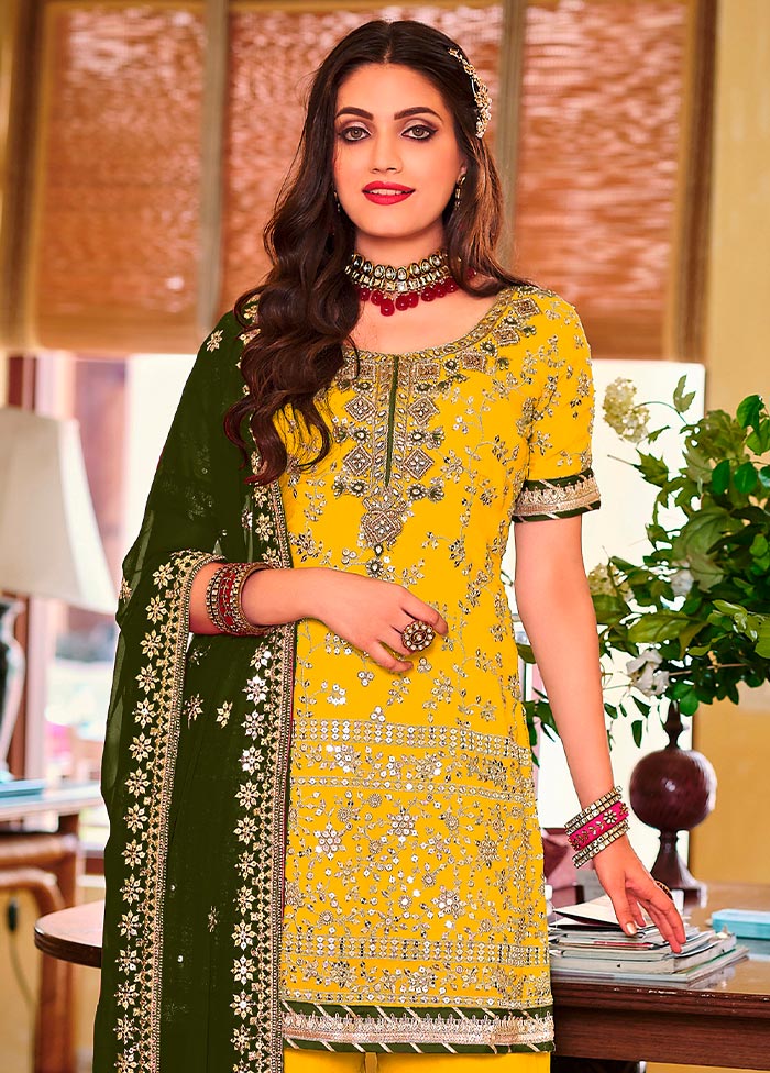 3 Pc Yellow Semi Stitched Georgette Suit Set Buy Cheap Shop