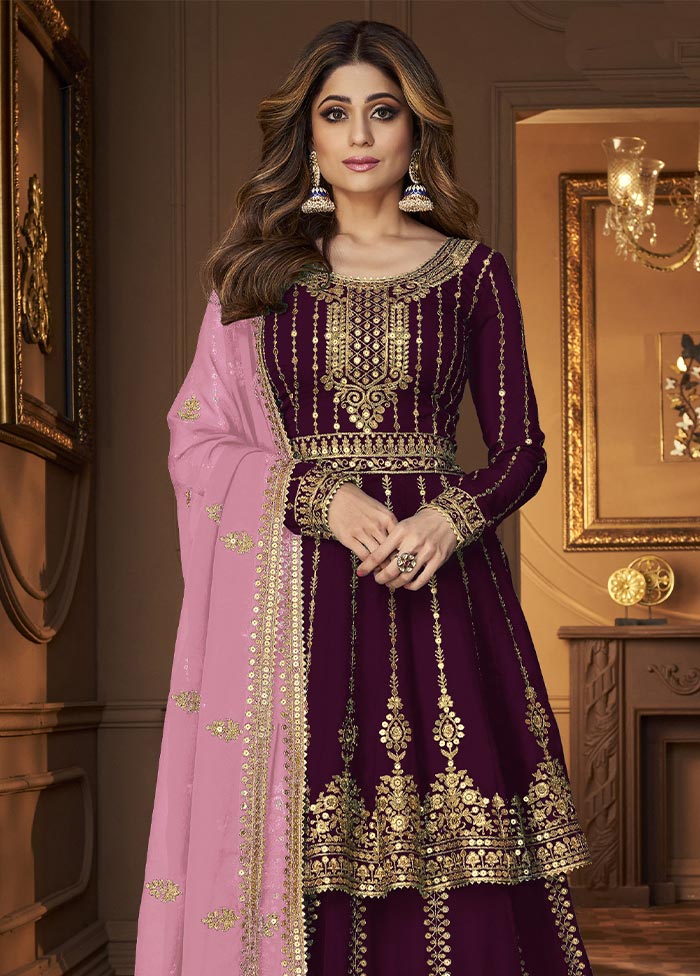 3 Pc Wine Semi Stitched Georgette Suit Set Cheap Sale Popular