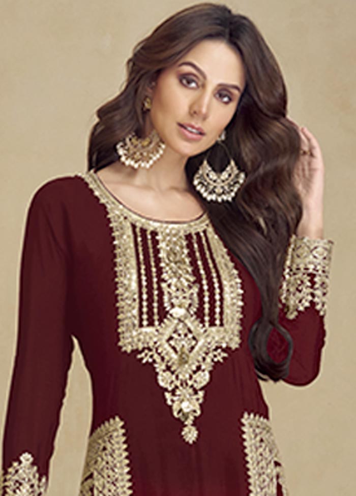 3 Pc Maroon Semi Stitched Georgette Suit Set Clearance Footaction