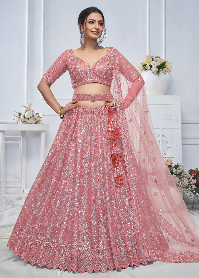 3 Pc Pink Net Semi Stitched Lehenga Set Websites For Sale