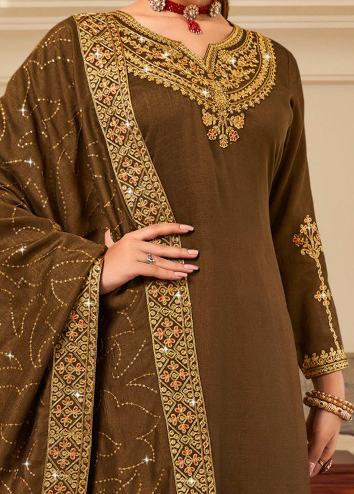 3 Pc Brown Pure Semi Stitched Silk Suit Set Low Pice