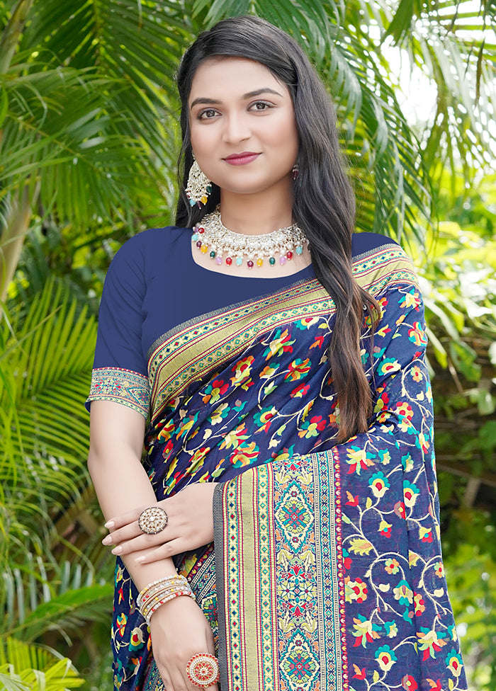 Navy Blue Pasmina Silk Saree With Blouse Piece Cost Online