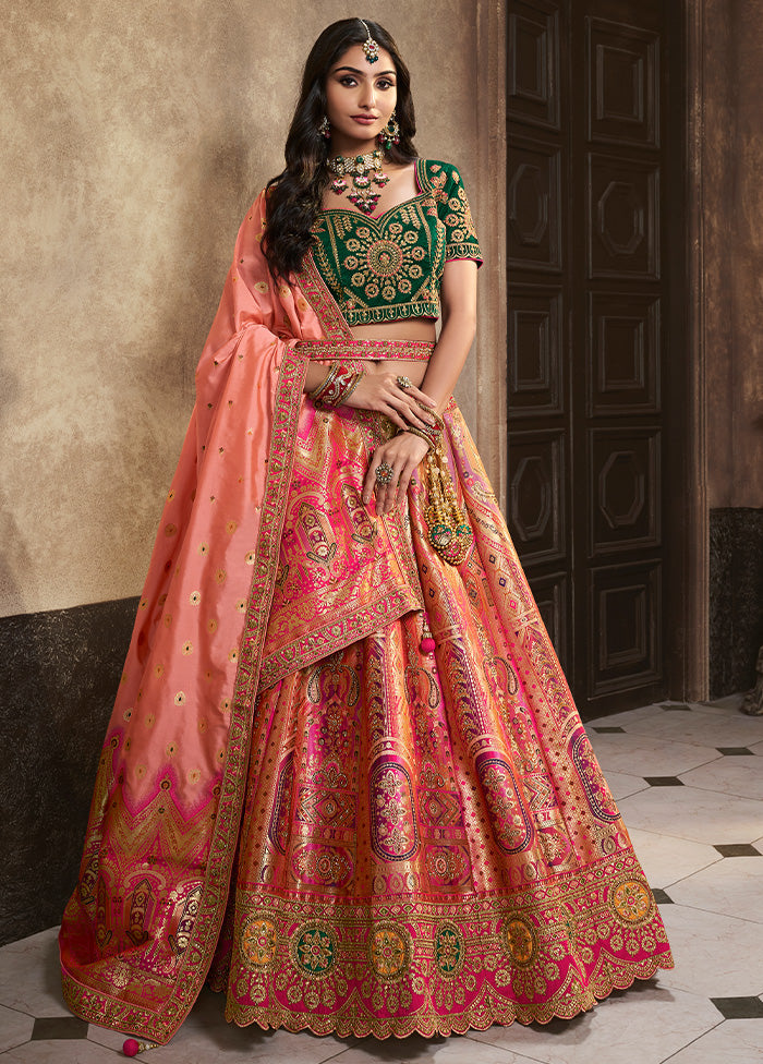 3 Pc Peach Silk Semi Stitched Lehenga Set Buy Cheap Hot Sale