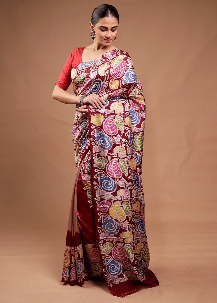 Maroon Printed Pure Silk Saree Without Blouse Piece Limited Edition Online