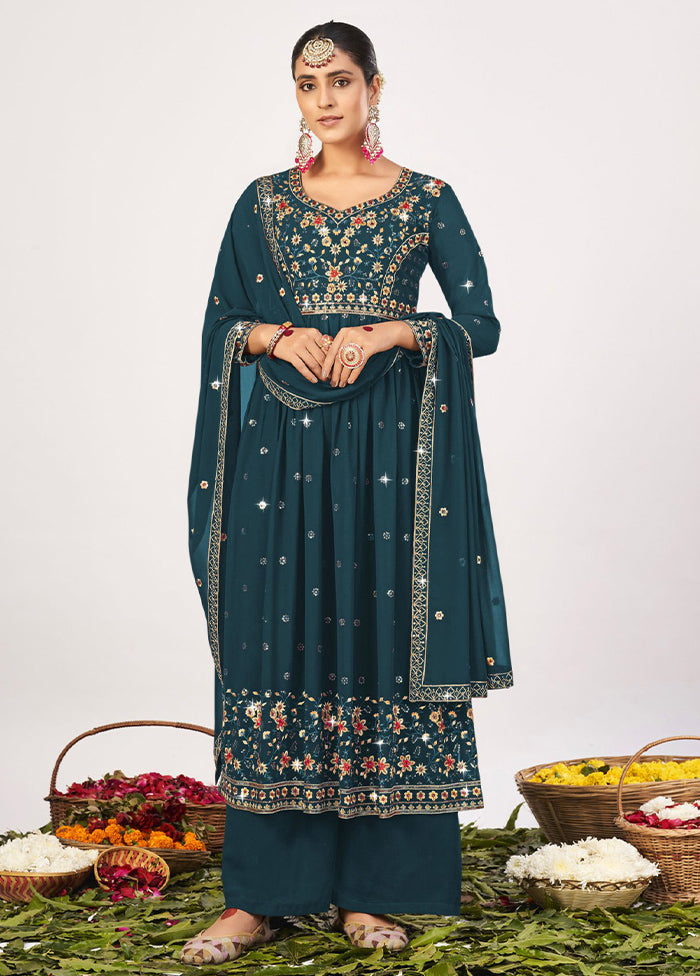 3 Pc Teal Semi Stitched Georgette Suit Set Buy Cheap Low Cost