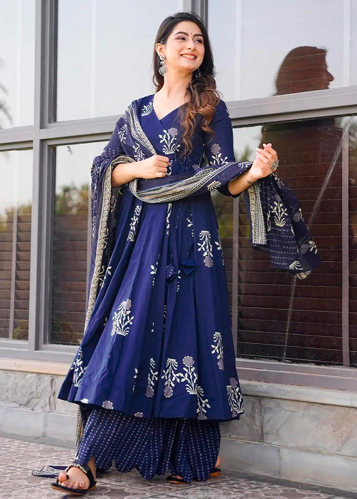 3 Pc Royal Blue Pure Readymade Silk Dupatta Suit Set Very Cheap Sale Online