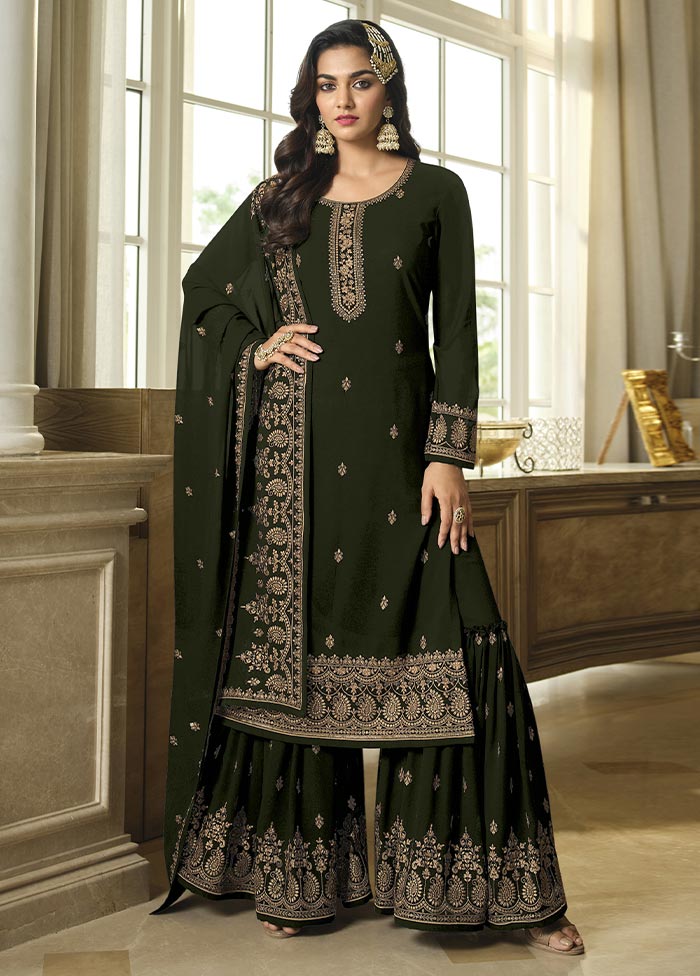 3 Pc Mehendi Green Semi Stitched Georgette Suit Set Buy Cheap Shop