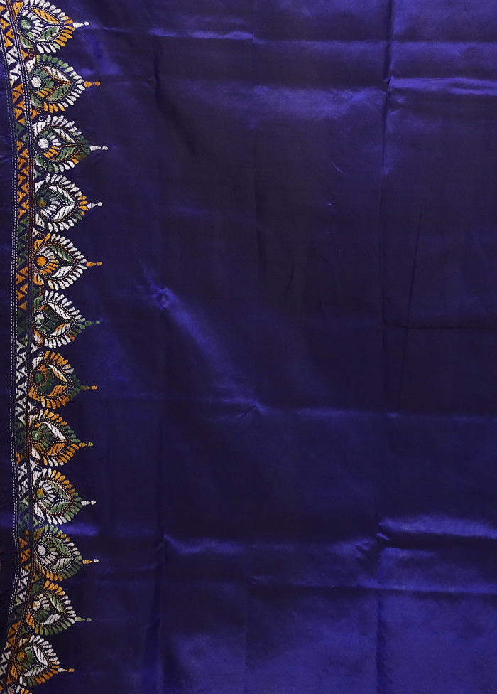 Blue Handloom Kantha Stitch Pure Silk Saree With Blouse Piece Clearance Online Fake