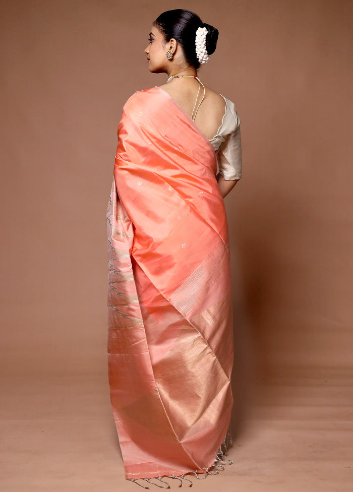 Peach Handloom Kanchipuram Pure Silk Saree With Blouse Piece Finishline Online