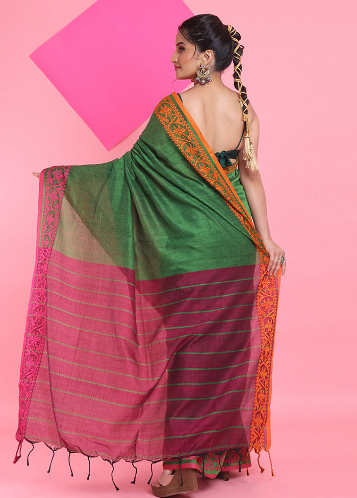 Green Cotton Saree With Blouse Piece Cheap Good Selling