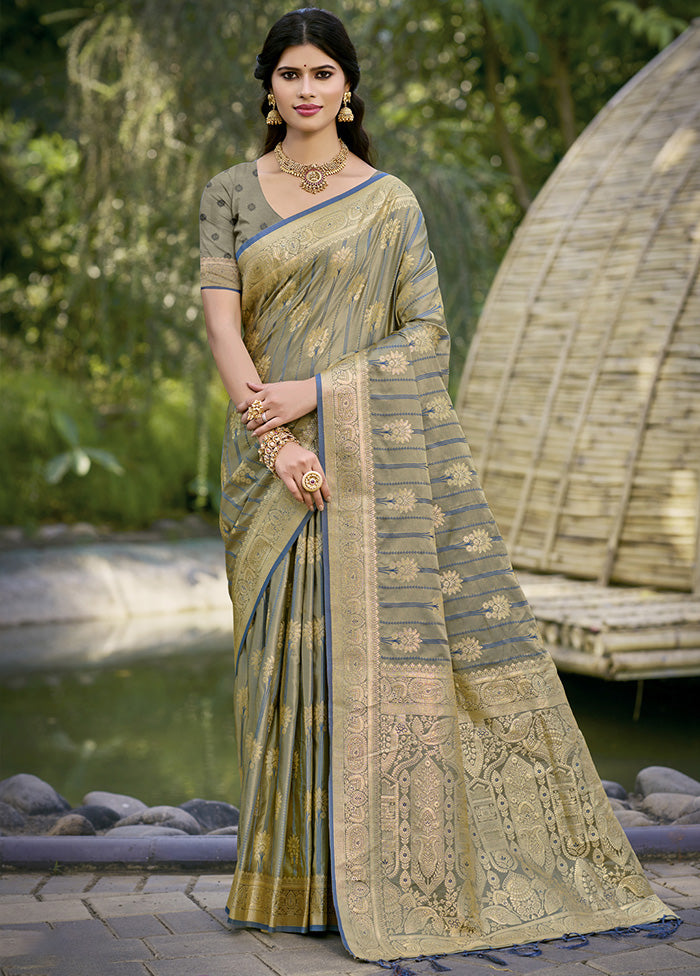 Grey Spun Silk Saree With Blouse Piece Buy Cheap With Mastercard