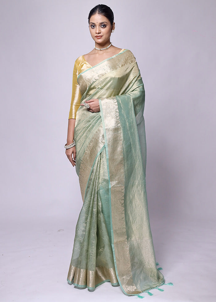 Green Crushed Tissue Silk Saree With Blouse Piece Largest Supplier Online