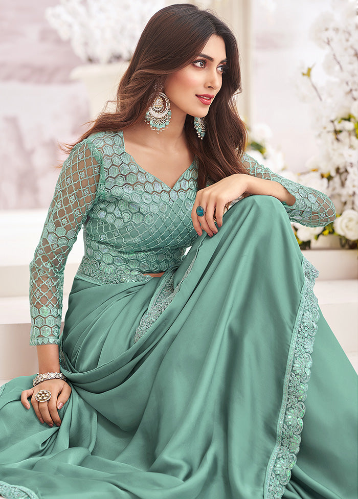 Teal Green Satin Silk Saree With Blouse Piece Many Kinds Of Cheap Pice