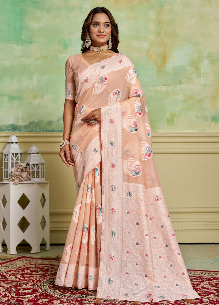 Peach Cotton Saree With Blouse Piece Free Shipping Outlet Store