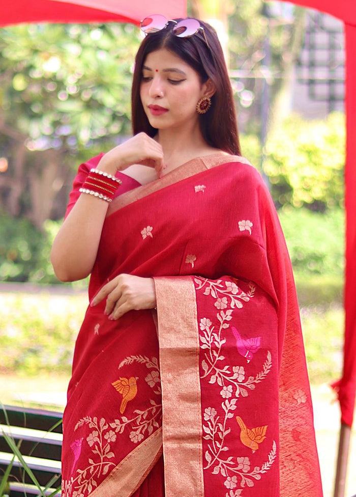 Red Linen Silk Saree With Blouse Piece Free Shipping Cheap Pice