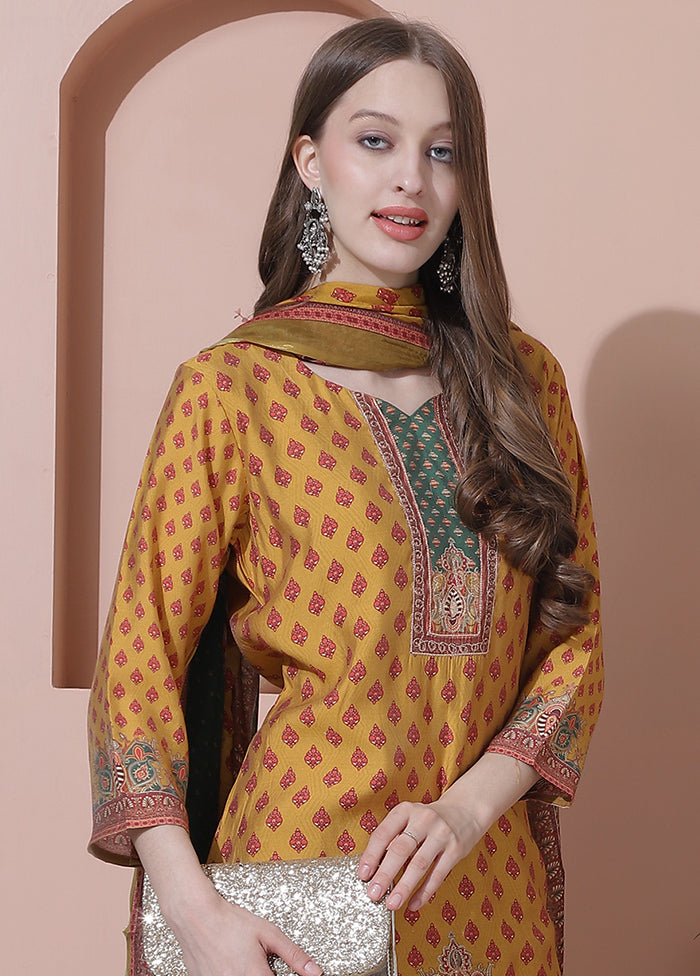 3 Pc Mustard Semi Stitched Silk Suit Set Outlet For You