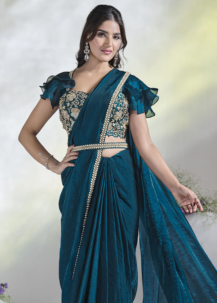 Teal Blue Satin Silk Saree With Blouse Piece Discounts Cheap Pice