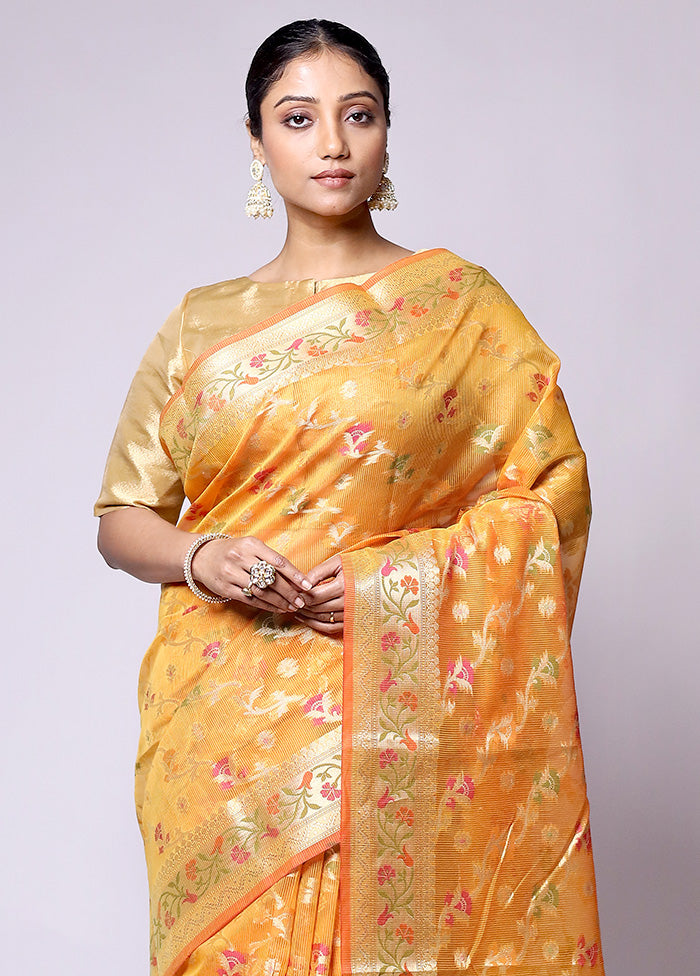 Yellow Kora Silk Saree With Blouse Piece Buy Cheap Low Shipping Fee