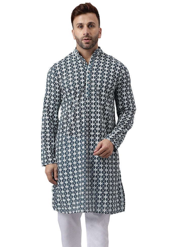 Blue Silk Embroidered Kurta Cheap Get Authentic