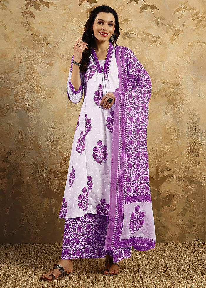 3 Pc Purple Readymade Cotton Dupatta Suit Set Finishline For Sale