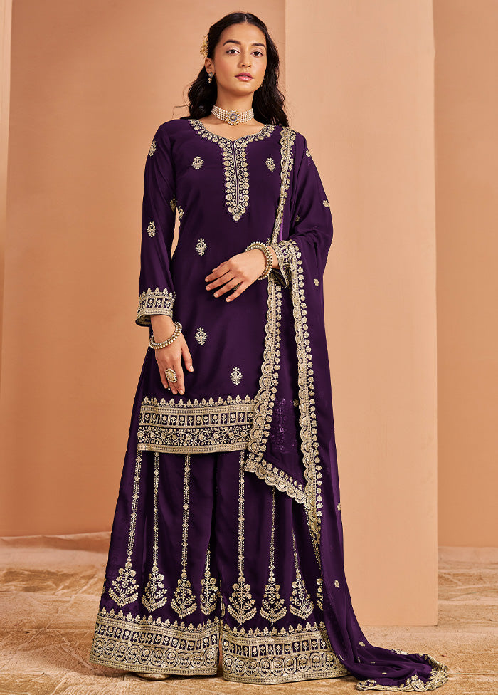 3 Pc Purple Semi Stitched Georgette Suit Set Eastbay Online