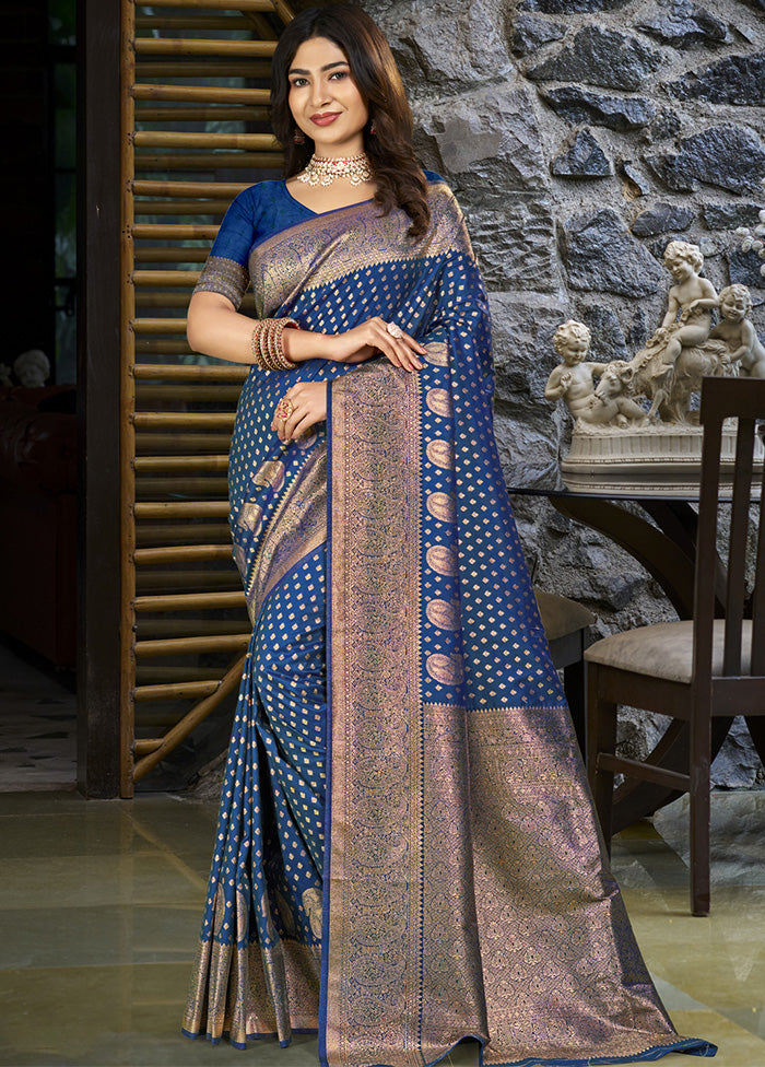 Blue Spun Silk Saree With Blouse Piece In China