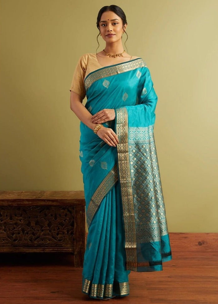 Sky Blue Banarasi Silk Saree With Blouse Piece Discount 2025