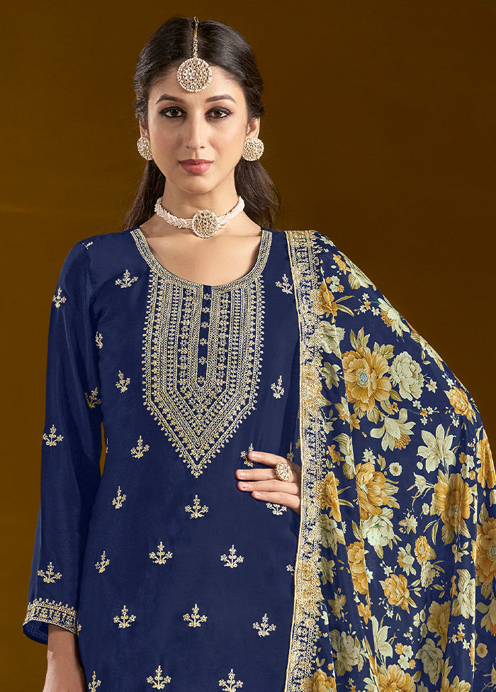 3 Pc Blue Readymade Silk Dupatta Suit Set Big Sale