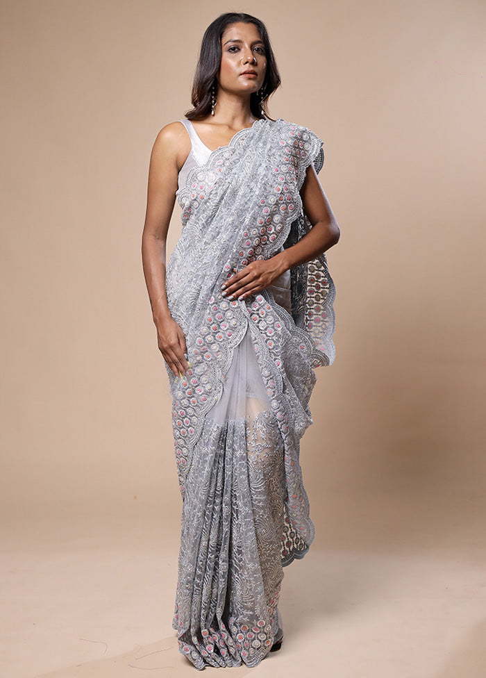 Grey Pure Handloom Silk Saree With Blouse Piece Clearance Cost