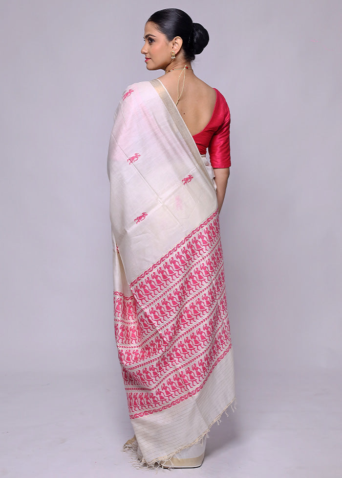 White Handloom Tussar Pure Silk Saree With Blouse Piece Buy Cheap Perfect