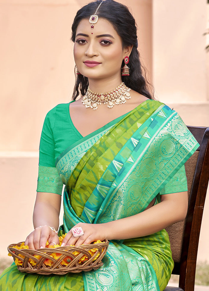 Green Spun Silk Saree With Blouse Piece Cheap Sale Get Authentic