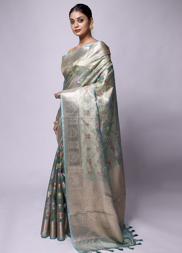 Green Crushed Tissue Silk Saree With Blouse Piece Brand New Unisex Sale Online