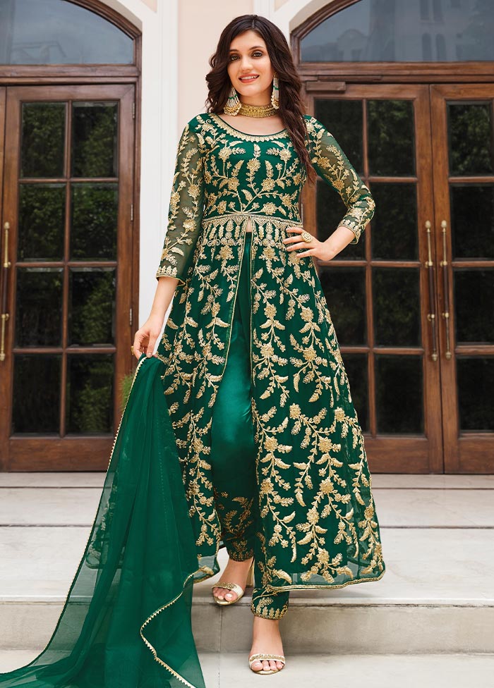 3 Pc Green Semi Stitched Net Suit Set Cheap Sale 2025